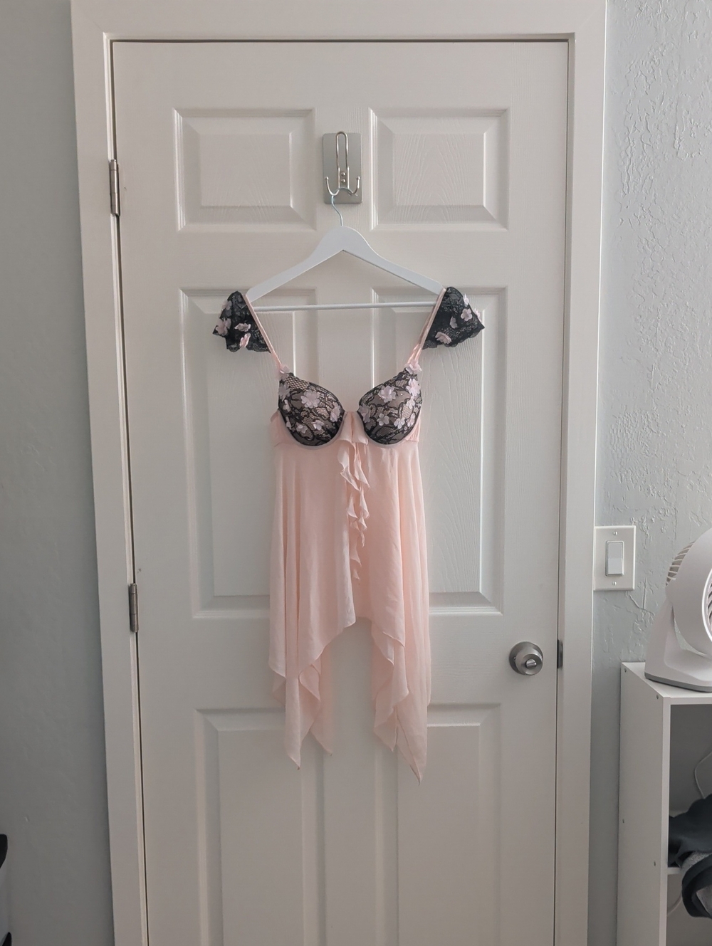 Soft Pink Lace-Trim Nightie with Black Floral Cups